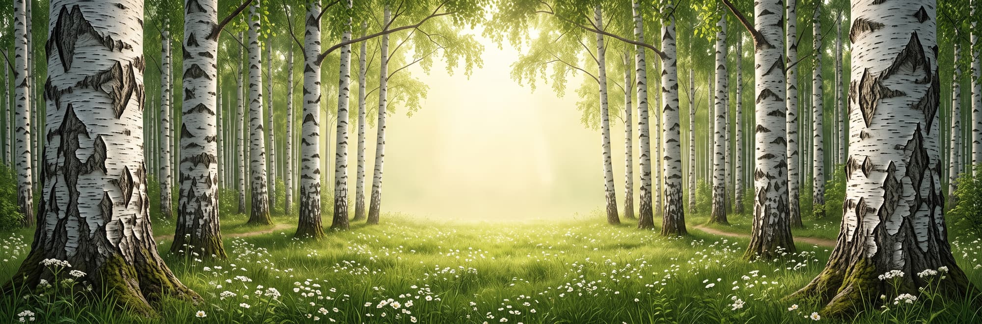 Bosque de abedules blancos sobre un prado de margaritas, con luz suave de mañana.