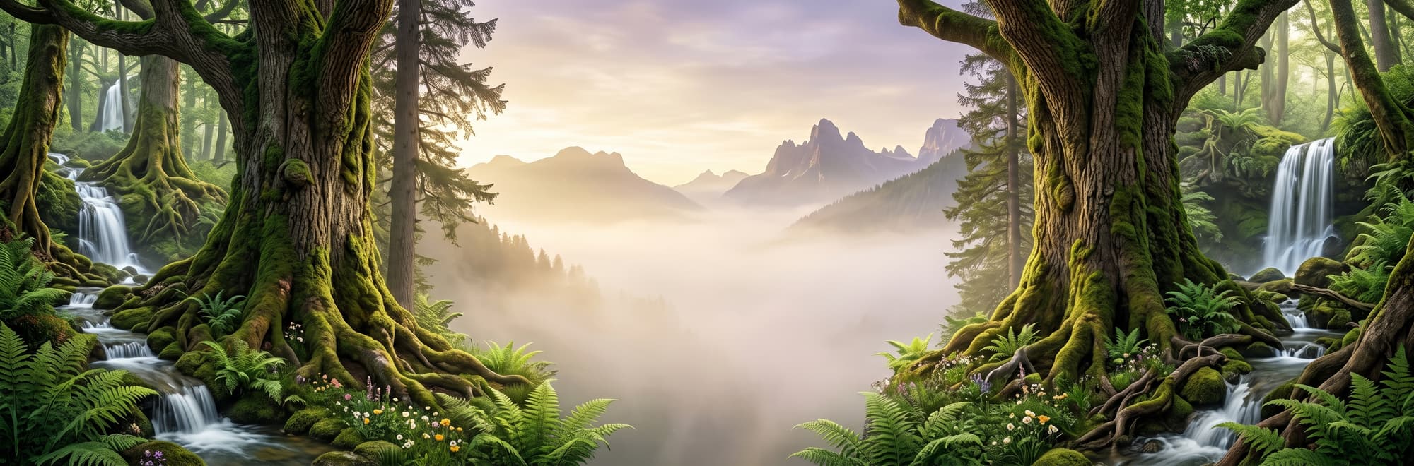 Valle cubierto de niebla al amanecer, enmarcado por árboles antiguos cubiertos de musgo.
