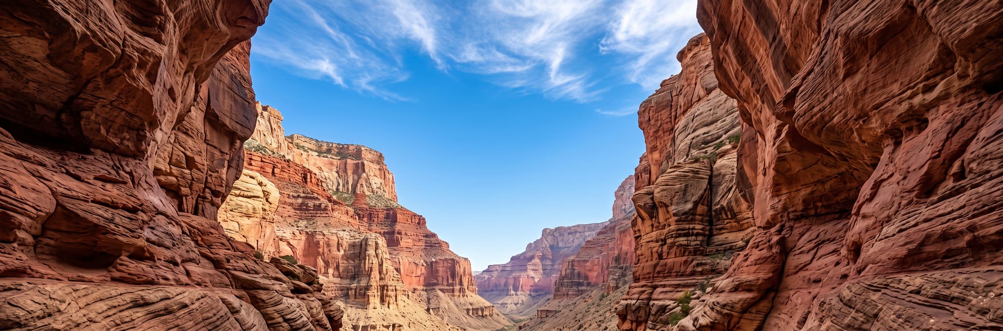 Paredes de un cañón de arenisca roja bajo un cielo azul despejado.
