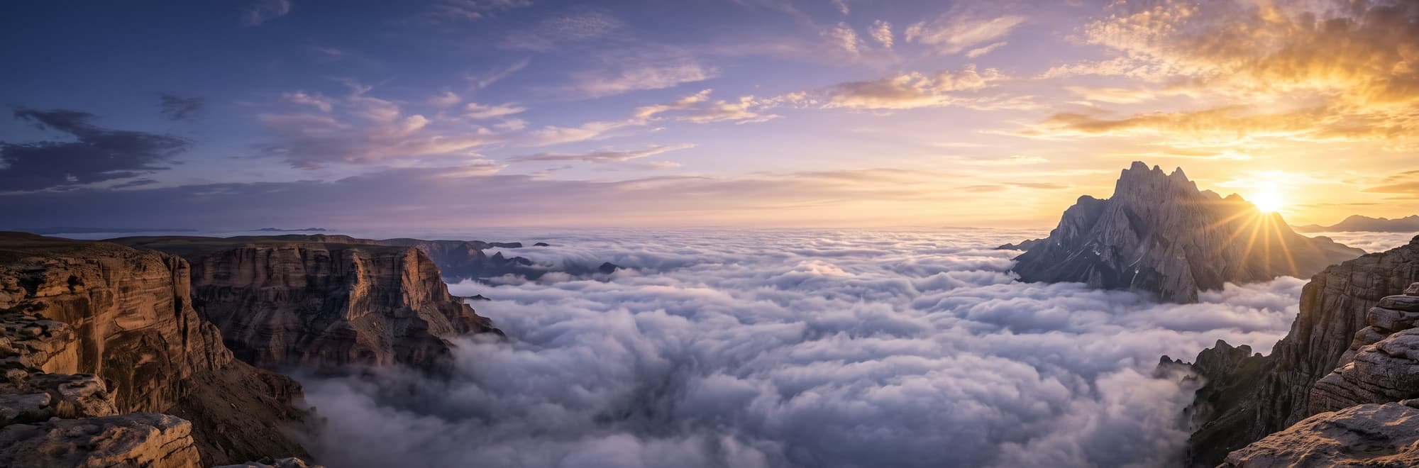 El sol poniéndose tras una montaña que asoma sobre un mar de nubes, desde un cañón.