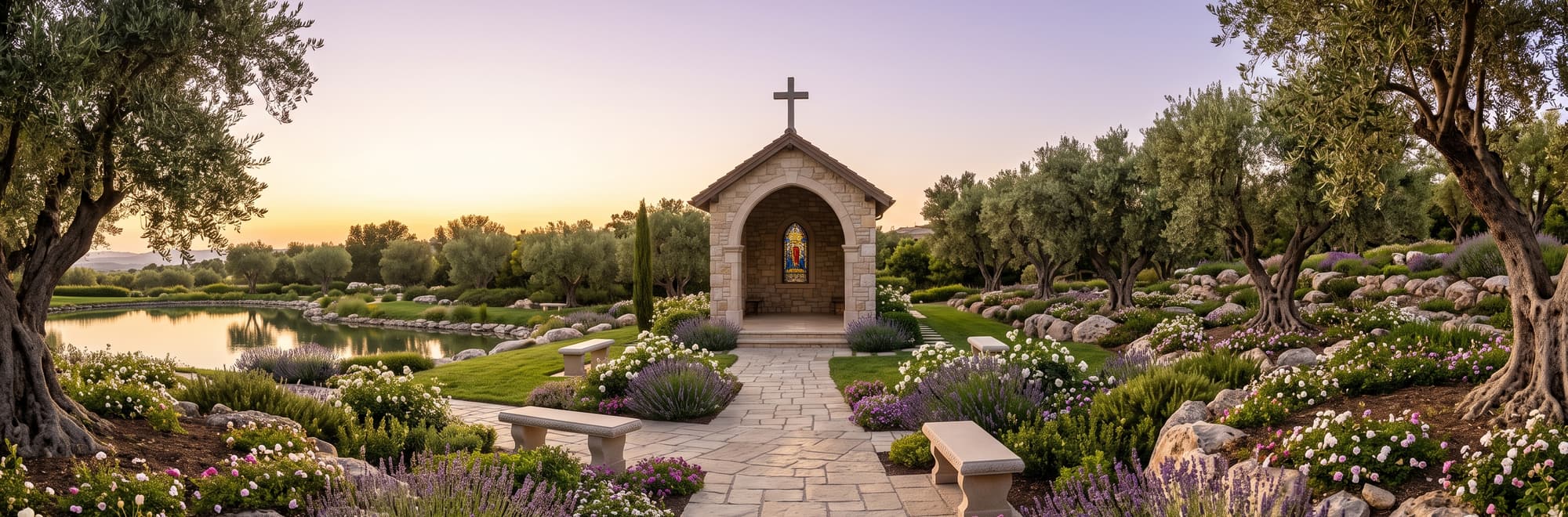 Capilla de piedra con cruz y vitral al final de un sendero, entre olivos, lavanda y rosas blancas.