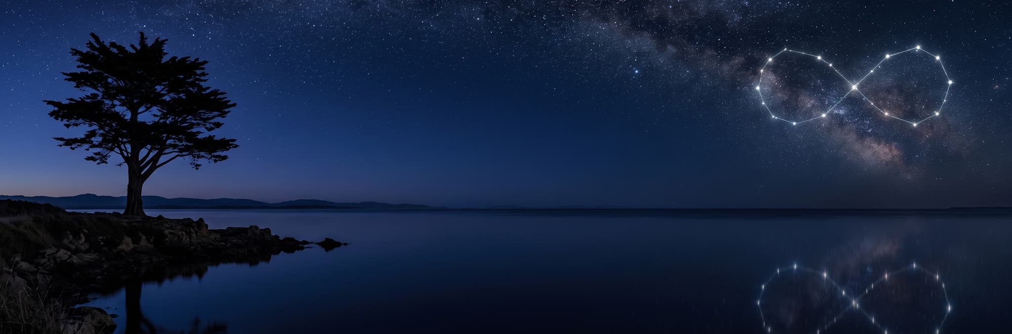 Árbol solitario junto a un lago nocturno, bajo la Vía Láctea y un símbolo de infinito de estrellas.
