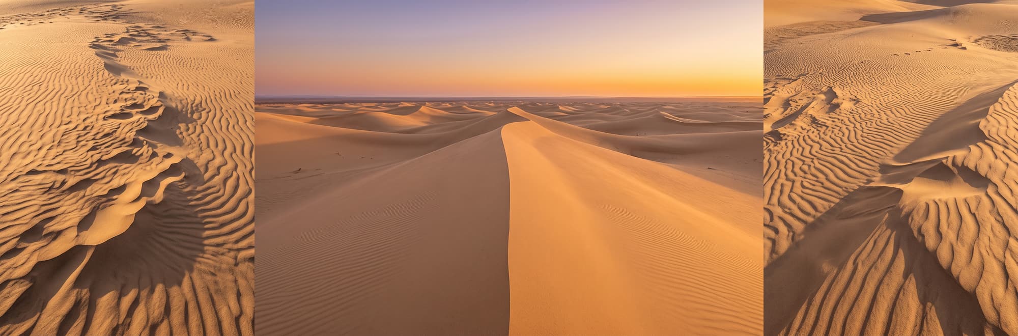 Dunas de arena ondulada al atardecer, con el horizonte en tonos dorados.