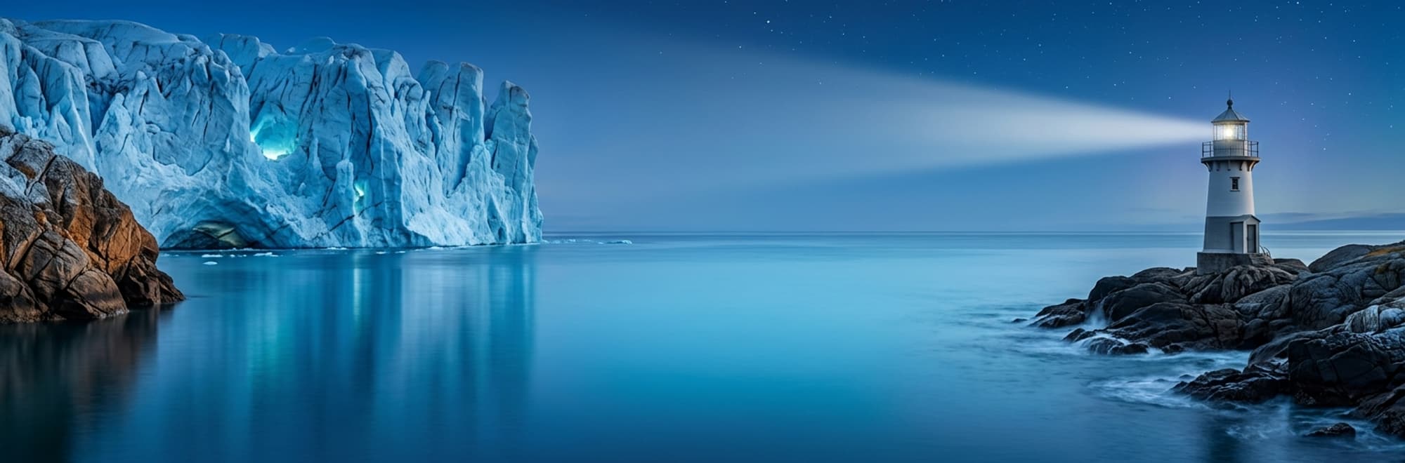Faro sobre las rocas frente a un glaciar azul, con auroras en el cielo nocturno.