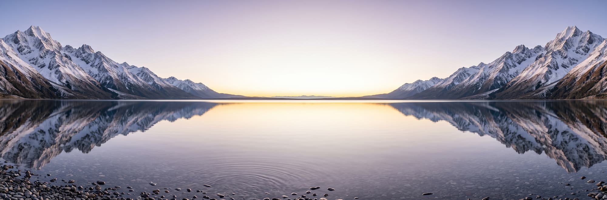 Montañas nevadas reflejadas en la superficie quieta de un lago al amanecer.