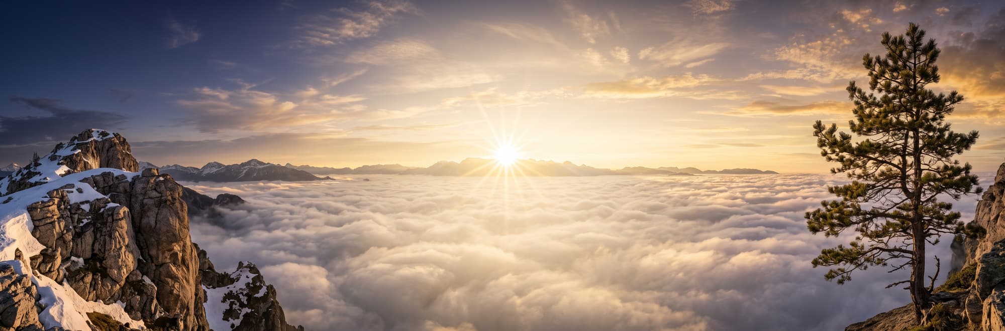 Amanecer visto desde una cumbre sobre un mar de nubes, con un pino en primer plano.