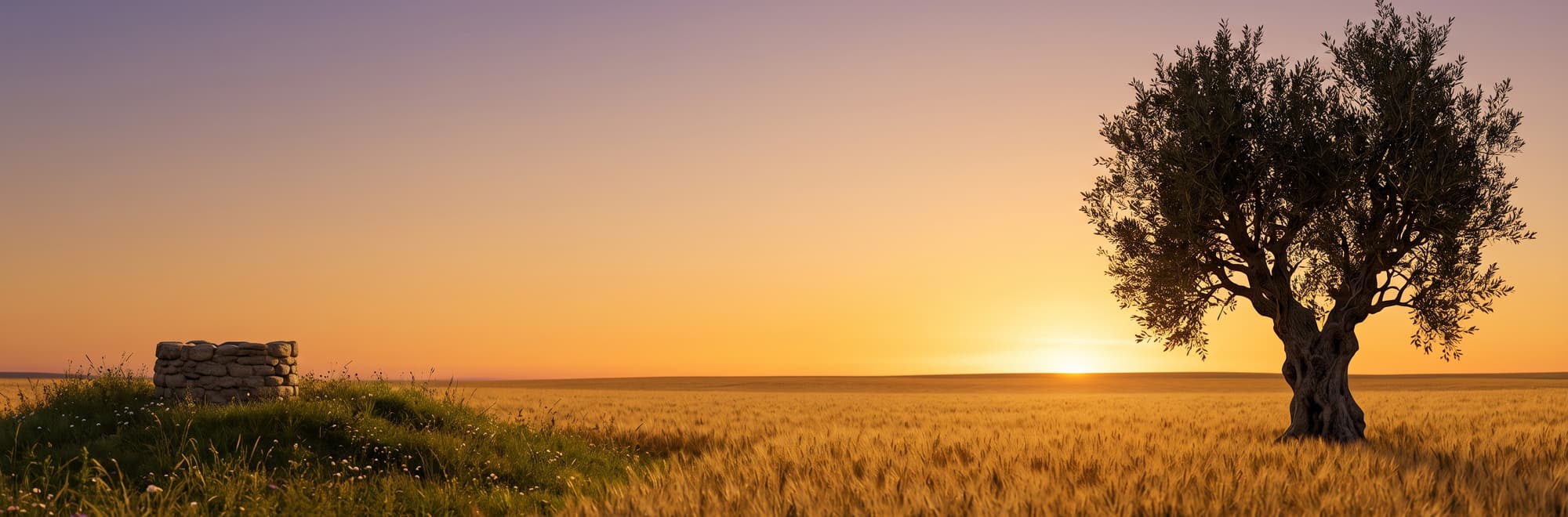 Olivo solitario sobre un campo de trigo dorado, al ponerse el sol.