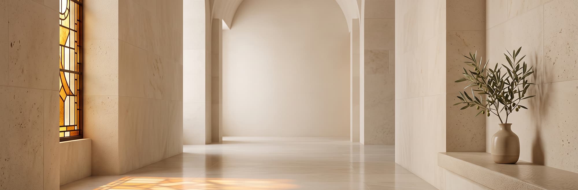 Sala de piedra clara con un vitral sin figuras que proyecta luz de colores sobre el piso, y un olivo en una vasija.