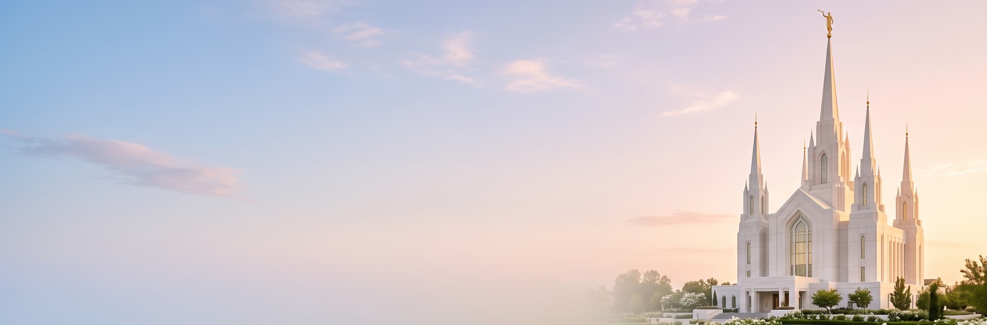 Templo blanco de agujas altas al amanecer, con jardines de rosas blancas al frente.